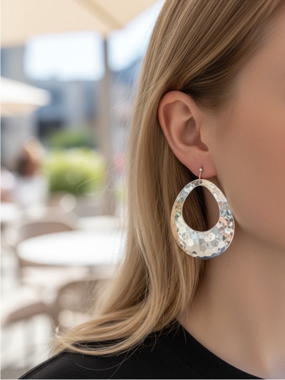 Silver Hammered Teardrop Hoop Earrings